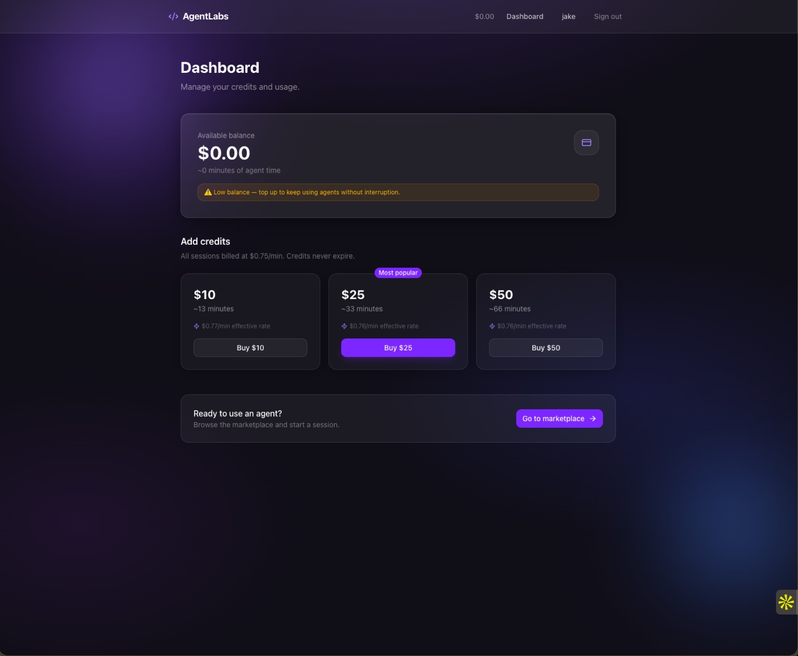 AgentLabs — credits dashboard